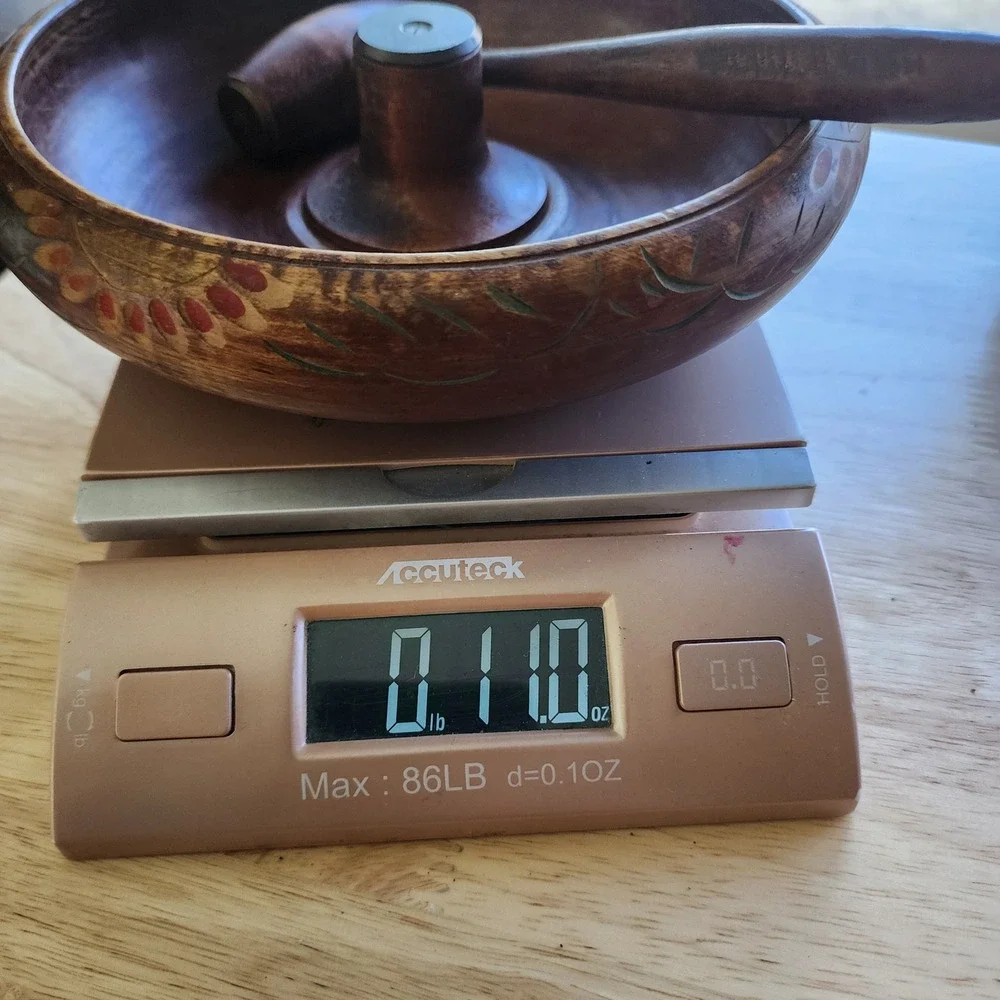 Vintage Hand Carved Wooden Nut Bowl Set with Mallet and Metal Anvil India Floral